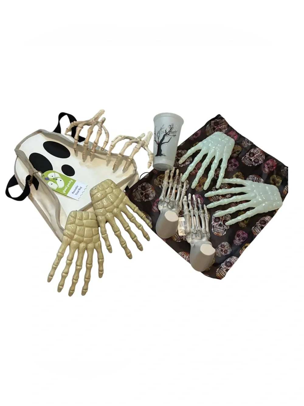 Halloween Skeleton Hand Feet Party Decorations Treat Bags Scary Beige Glow Green